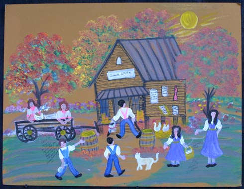 A painting of people in front of a house.