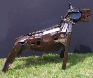 Metal sculpture of a dog