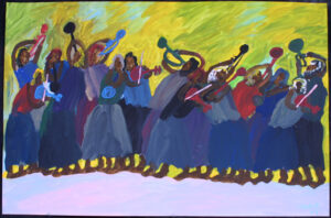 Painting of men and women playing instruments, 1 (by Woodie Long)