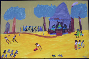 Painting of a scenery with a house, a clothesline, and children playing outside (by Woodie Long)