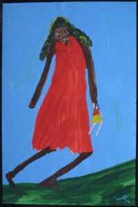 Painting of a giant wearing a red dress holding a woman (by Woodie Long)
