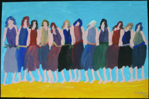 A painting of 12 women in dresses (by Woodie Long)