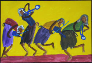 A painting of four musicians playing their instruments (by Woodie Long)