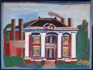 A colorful painting of a mansion (by Jimmie Lee Sudduth)
