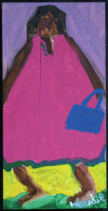 Painting of a person wearing a pink dress and blue bag (by Woodie Long)