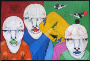 A painting of a group of people with different faces. "Seminar" by Michael Banks acrylic, mixed media on wood unframed 32.25" 48" $2200 #13022
