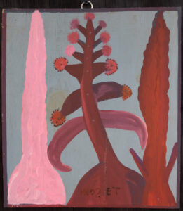 "Flowers and Palm Trees" c. 1985 by Mose Tolliver   paint on wood  16.5" x 14.5"   $2500 #13060