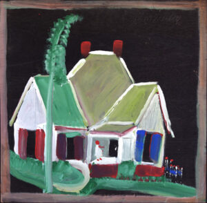"House with Two Chimneys" by Jimmie Lee Sudduth 1995 mud, paint on wood unframed 24 x 24.25 $1100 #13071