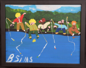 "Fishing Hole Kids" c. 1997 by Bernice Sims acrylic on canvas 11" x 14" simple black frame $500