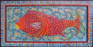 "Big Fish in a Little Pond" by Sarah Rakes acrylic on wood 17.75" x 35.75 in artist's painted frame $1275 #13080