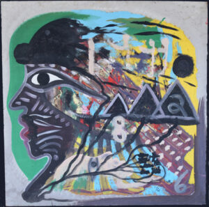 "Mother's Child is in a Mess Over His Own Foundation of Life" dated 1992 by Lonnie Holley acrylic paint on wood - 13086