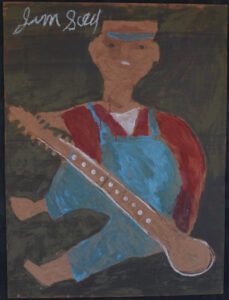 13089 "Banjo Man" by Jimmie Lee Sudduth c. 1992 mud, paint on wood 40" x 30" black shadowbox floater frame $2750