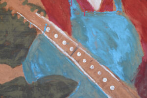 13089 Sudduth, Jimmie Lee "Banjo Man" c. 1992 mud, paint on wood 40" x 30" black shadowbox floater frame $2750