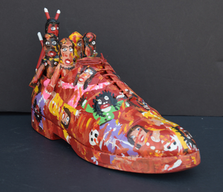 "Hell It Is- My Shoe" dated 2000 by Ronald Cooper acrylic, found objects, leather shoe 7" x 12.5" x 4.5" $350 #13102