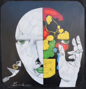 "Double Minded" by Michael Banks acrylic on wood panel 24.25" x 23.5" in black shadowbox frame $450 #13123