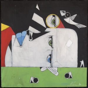 "Con Man" by Michael Banks acrylic on wood panel 24" x 24" in black shadowbox frame $600 #13131