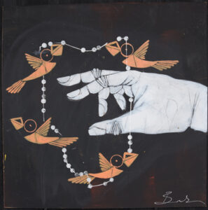 "In the Balance" by Michael Banks acrylic on wood panel 24" x 24" in black shadowbox frame $500 #13134