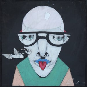 "Felix" by Michael Banks acrylic on wood panel with applied wood cutout 24" x 24" in black shadowbox frame $500 #13141