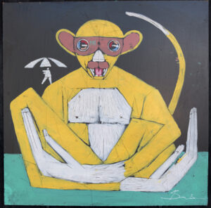 "Monkey Business" by Michael Banks acrylic on wood panel black shadowbox 24" x 24" $550 #13125