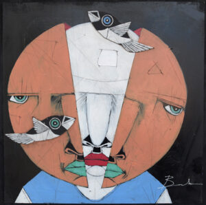 "Astronaut" by Michael Banks acrylic on wood panel with applied wood cutout black shadowbox 24" x 24" $600 #13144