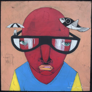 "Radio" by Michael Banks acrylic on wood panel with applied wood cutout black shadowbox 24.25" x 24" $650 #13146
