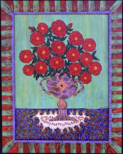 "Red Bouquet" by Sarah Rakes acrylic on wood 12.5" x 12.5" in artist's handpainted frame $1275 #13177