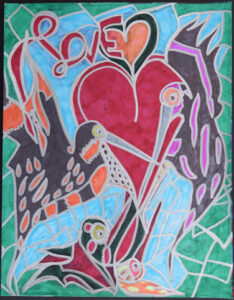"The Love Birds" by Brenda Davis permanent marker on paper 11" x 14" white 8 ply mat in black frame $425 #13162