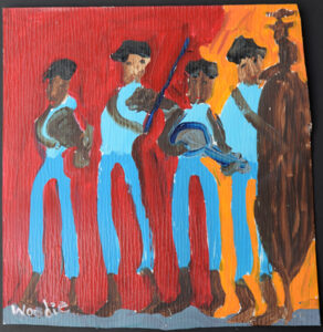 "Jazz Band" by Woodie Long acrylic on metal 11" x 10.75" in black shadowbox $525 #13186