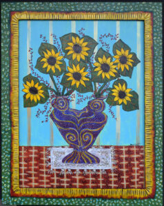 "Summer Sunflowers and Thin Red Vines" by Sarah Rakes acrylic on wood in artist's hand painted frame 29" x 22.75" $1275 #13202
