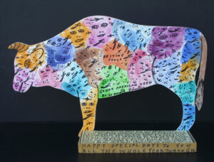 “Great American Oxen” dated April 14, 1993 #29.000.022 by Howard Finster paint, marker on wood cut out - 13205