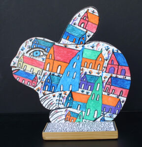 "Rabbit" dated Sept 30, 2000 #46.000.748 by Howard Finster marker on wood cut out 12.5" x 12" x 3.5" $1300 #13206