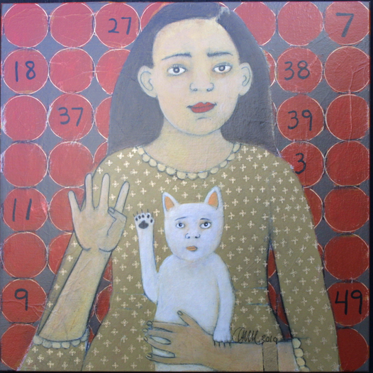 "Lucky Lotto Cat" 2011 by Anne Buffum acrylic on wood construction 18" x 18" x1" $900 #13210