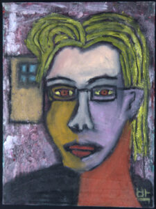 "Self Portrait with Door" dated 04/30/02 mixed media on canvas 16" x 12" $325 #11813