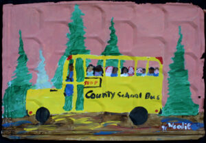 "School Bus" dated 1991 by Woodie Long acrylic on tin 18.5" x 28" unframed $1000 #12317