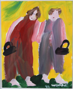 "Two Women and Purses" by Woodie Long acrylic on paper 9" x 7.25" unframed $750 #12698
