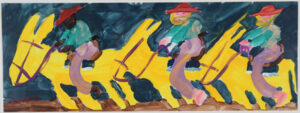 "Three Riders on the Run" #6362 by Woodie Long acrylic on paper 9.5" x 26" light natural wood frame $900 #3111