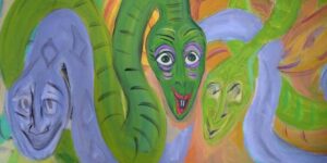 "Nest of Funny Snakes" by Hope Atkinson acrylic on wood board 9.5" x 36" in black shadowbox $400 #11265