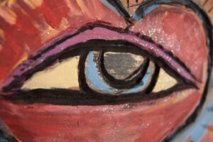 detail "Eye Heart You" by Eric Legge acrylic on carved wood 16.5" x 20" in black shadowbox $425 #11403