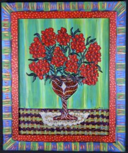 "Red Phlox on a Table Top" by Sarah Rakes acrylic on wood 23" x 19" in artist's hand painted frame $1000 #13232