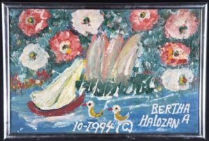 "Boats, Ducks and Flowers" dates 1994 by Bertha Halozan oil paint on canvas board 12.5" x 8.5" in artist's original metal frame $800 #13233