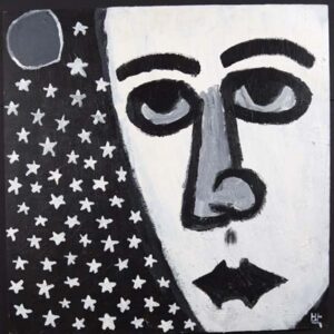 "Thoughtful Face" with stars & moon by Pak Nichols acrylic on wood 24" x 24" unframed $500 #5603