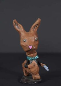 "Mad Hatter and March Hare" by Hope Atkinson acrylic on papier mache with found objects 9" x 3" x 3" & 7.5" x 3" x 4" $500 #13059