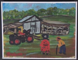 "Going to the Barn" c. 1991 by Bernice Sims oil on canvas in painted lattice frame 9.25" x 12" $450 #13238