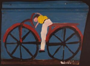 "Red Bike" by Woodie Long acrylic on tin unframed 13.5" x 17.5" #450 #13245