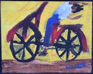 "Bike Joy" by Woodie Long acrylic on wood unframed 7.5" x 9" x .75" $400 #13247