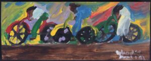 "Three Bikes" by Woodie Long acrylic on wood unframed 5.5" x 23.75" $400 #13248