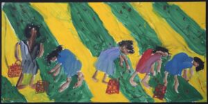 "Picking Strawberries" by Woodie Long acrylic on paper unframed 14.75" x 30" $800 #13260