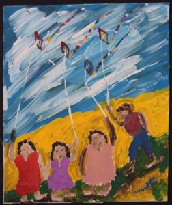 "Kids and Kites" c. 1989 by Woodie Long acrylic on cardboard white 8 ply mat, black frame 11" x 9.25" $350 #13266