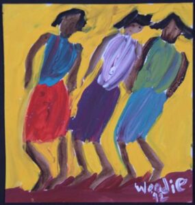 "Three Friends" 1992 acrylic on paper 7.75" x 7.25" White 8 ply mat, black frame $275 #13279