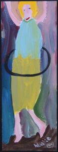 "Hula Hooping" by Woodie Long acrylic on cardboard white 8 ply mat, black frame 12" x 4.5" $300 #13284